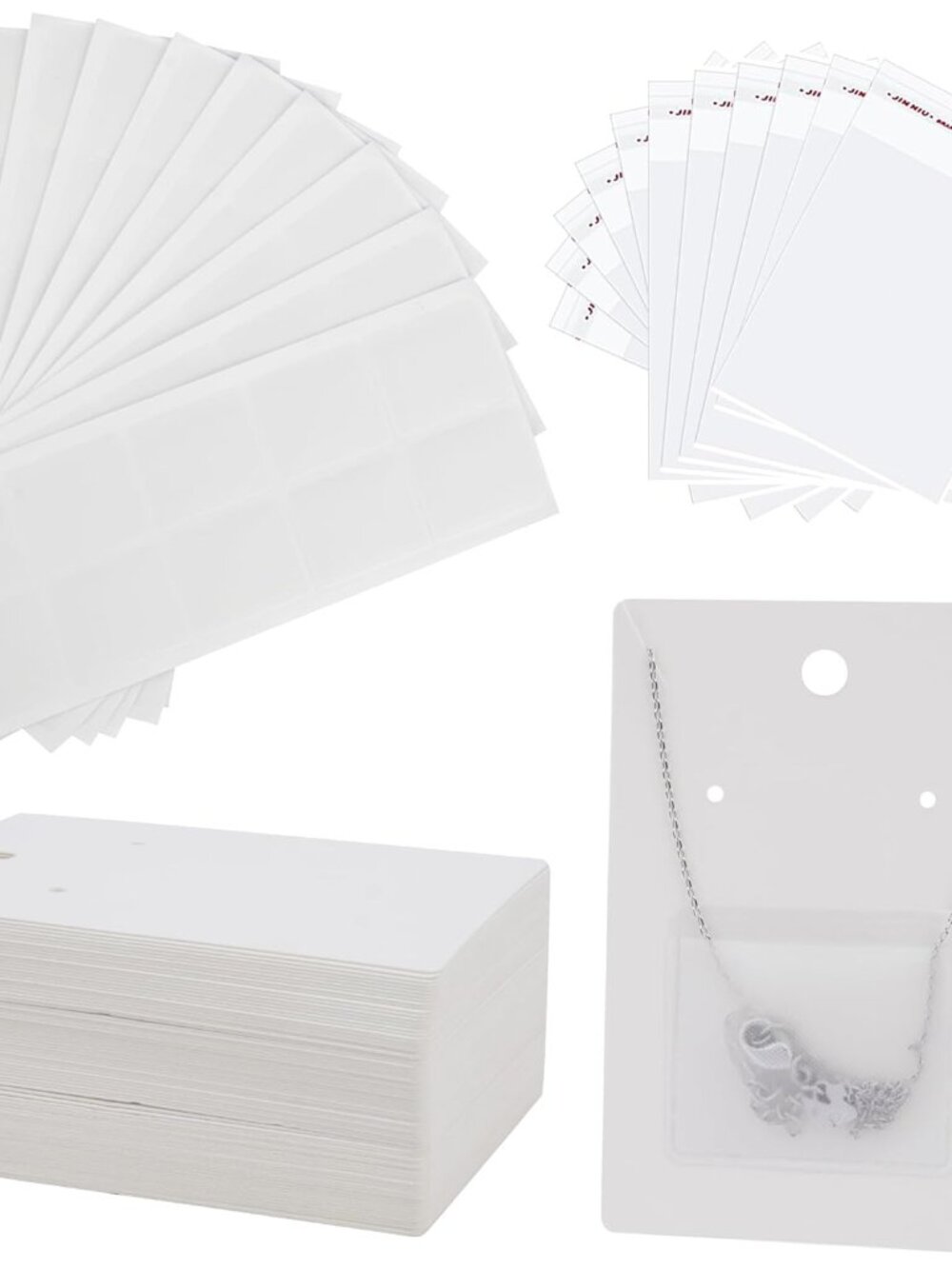 100pcs Jewelry Display Cards with Adhesive Pouch & Clear Bag, White